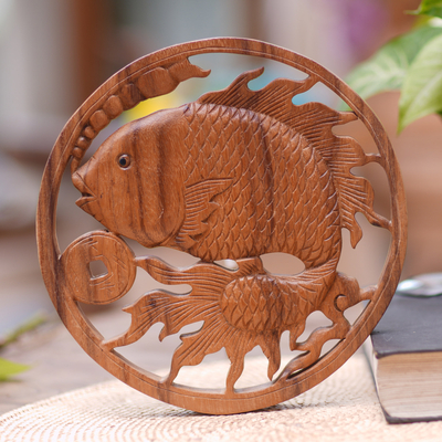 Wood relief panel, 'Lucky Goldfish' - Handcrafted Suar Wood Goldfish Relief Panel from Bali