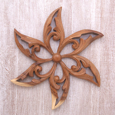 Wood relief panel, 'Razor Petals' - Hand-Carved Floral Suar Wood Relief Panel from Bali