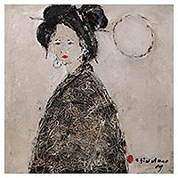 'Japanese Lady with the Moon' (2009) - Signed Painting of a Japanese Lady (2009) from Bali
