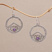 Amethyst dangle earrings, 'Garden Crown' - Sterling Silver Circle with Scrollwork and Amethyst Earrings