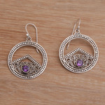 Amethyst dangle earrings, 'Garden Crown' - Sterling Silver Circle with Scrollwork and Amethyst Earrings