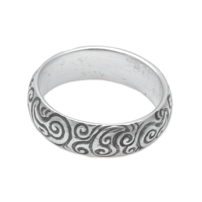 Sterling silver band ring, 'Destiny Engraved' - 925 Sterling Silver Swirling Fern Band Ring from Indonesia
