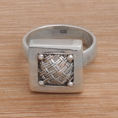 Sterling silver cocktail ring, 'Weaving Ketupats' - 925 Sterling Silver Basket Weave Balinese Cocktail Ring