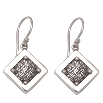 Sterling silver dangle earrings, 'Weaving Ketupats' - Woven Sterling Silver Diamond Shaped Dangle Earrings