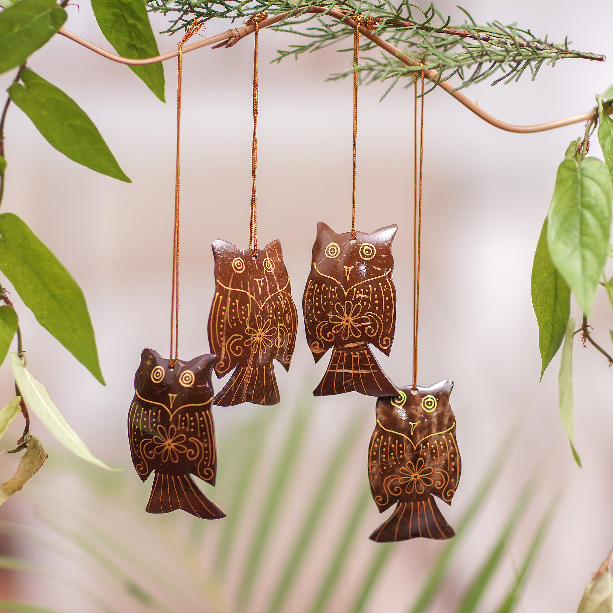 UNICEF Market | Set of 4 Javanese Coconut Shell Owl Figure Ornaments ...