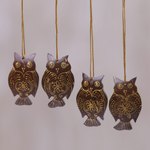 Coconut shell ornaments, 'Hanging Owls' (set of 4) - Set of 4 Javanese Coconut Shell Owl Figure Ornaments