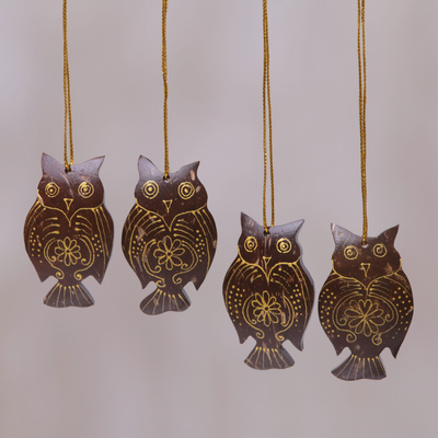 Coconut shell ornaments, 'Hanging Owls' (set of 4) - Set of 4 Javanese Coconut Shell Owl Figure Ornaments