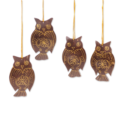 Coconut shell ornaments, 'Hanging Owls' (set of 4) - Set of 4 Javanese Coconut Shell Owl Figure Ornaments