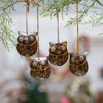 Coconut shell ornaments, 'Watchful Owls' (set of 4) - Set of Javanese Handmade Coconut Shell Owl Figure Ornaments