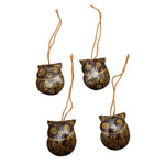 Coconut shell ornaments, 'Watchful Owls' (set of 4) - Set of Javanese Handmade Coconut Shell Owl Figure Ornaments