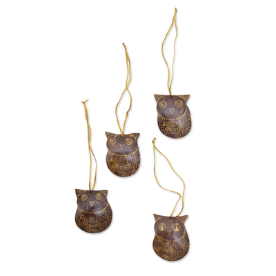 Coconut shell ornaments, 'Watchful Owls' (set of 4) - Set of Javanese Handmade Coconut Shell Owl Figure Ornaments