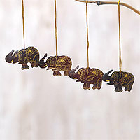 Coconut shell ornaments, 'Imperial Elephants' (set of 4) - Set of 4 Coconut Shell Traditional Elephant Ornaments