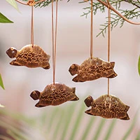 Coconut shell ornaments, 'Royal Turtle' (set of 4) - Set of 4 Handmade Brown Coconut Shell Turtle Ornaments