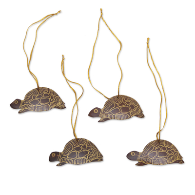 Coconut shell ornaments, 'Royal Turtle' (set of 4) - Set of 4 Handmade Brown Coconut Shell Turtle Ornaments