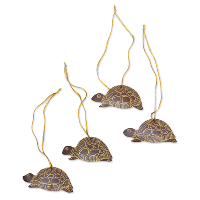 Coconut shell ornaments, 'Royal Turtle' (set of 4) - Set of 4 Handmade Brown Coconut Shell Turtle Ornaments