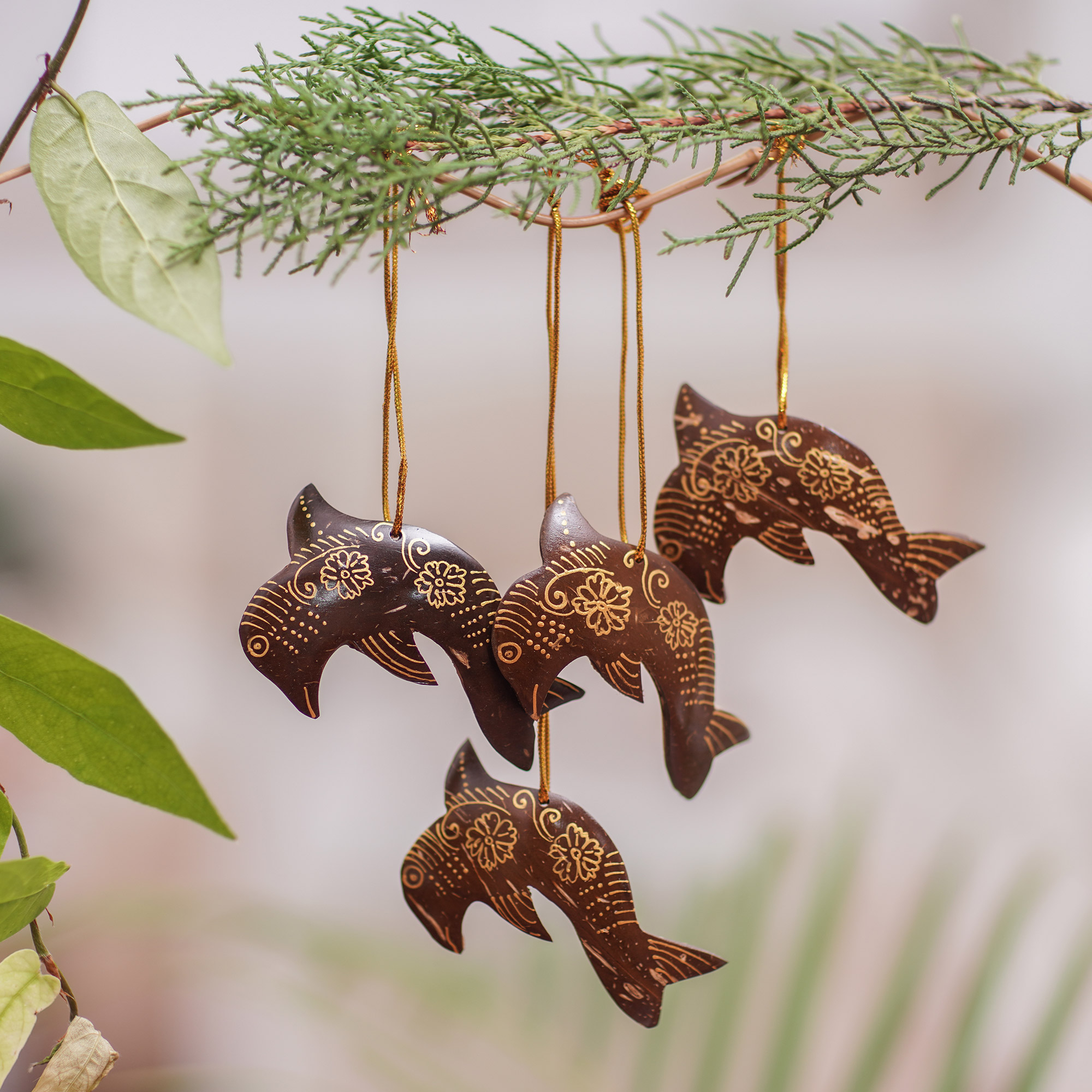 Set of 4 Handmade Brown Coconut Shell Dolphin Ornaments - Dolphin Echo ...