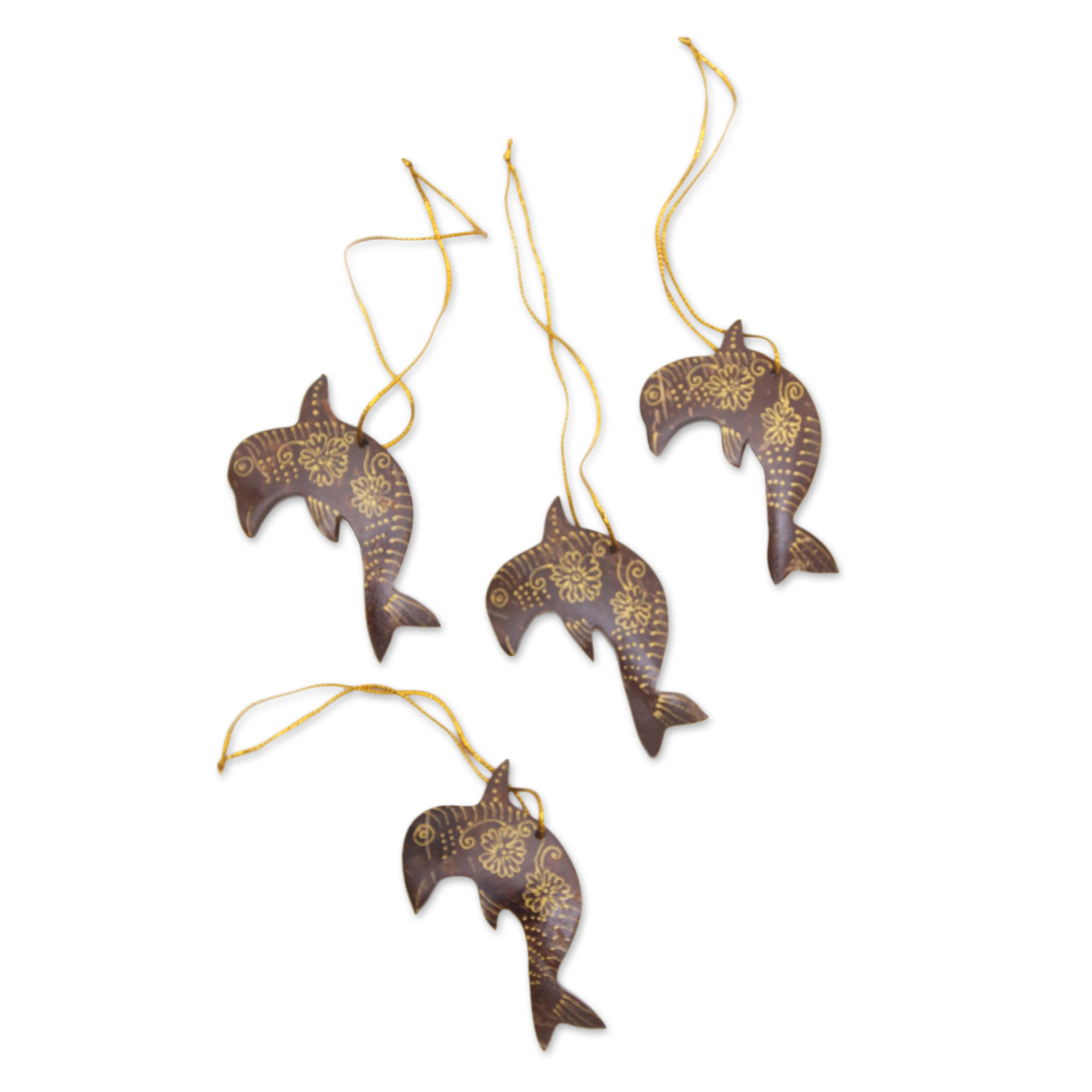 Set of 4 Handmade Brown Coconut Shell Dolphin Ornaments - Dolphin Echo ...