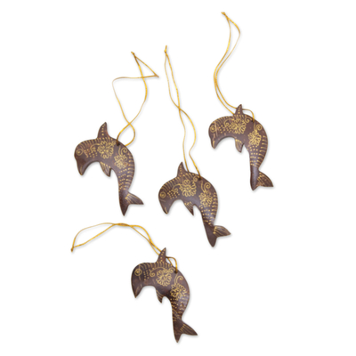 Coconut shell ornaments, 'Dolphin Echo' (set of 4) - Set of 4 Handmade Brown Coconut Shell Dolphin Ornaments