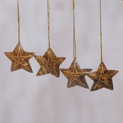 Kokosnussschalen-Ornamente, (4er-Set) - Set mit 4 handgefertigten Sternornamenten aus brauner Kokosnussschale