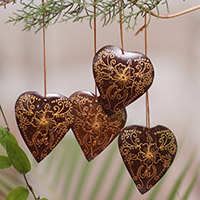 Set of 4 Handmade Brown Coconut Shell Heart Ornaments,'With Our Hearts'