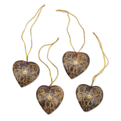 Coconut shell ornaments, 'With Our Hearts' (set of 4) - Set of 4 Handmade Brown Coconut Shell Heart Ornaments