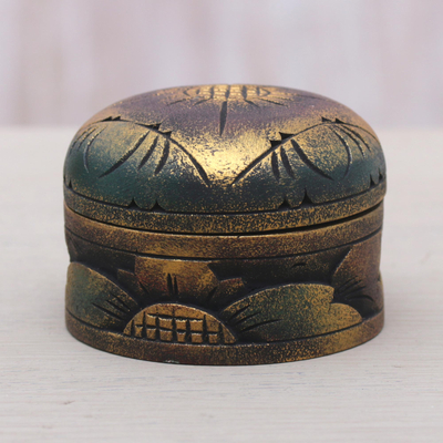Caja decorativa de madera - Caja de joyería de recuerdo de oro metálico redondo de madera de caoba