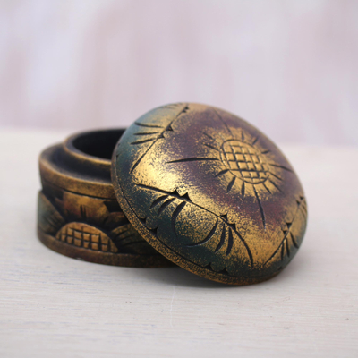 Wood decorative box, 'Bougainvillea Blossom' - Mahogany Wood Round Metallic Gold Keepsake Jewelry Box
