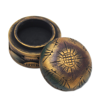 Wood decorative box, 'Bougainvillea Blossom' - Mahogany Wood Round Metallic Gold Keepsake Jewellery Box