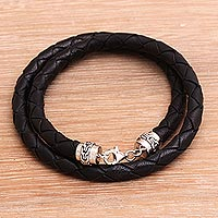 Leather braided wrap bracelet, 'Divine Dusk' - Sterling Silver and Black Braided Leather Wrap Bracelet