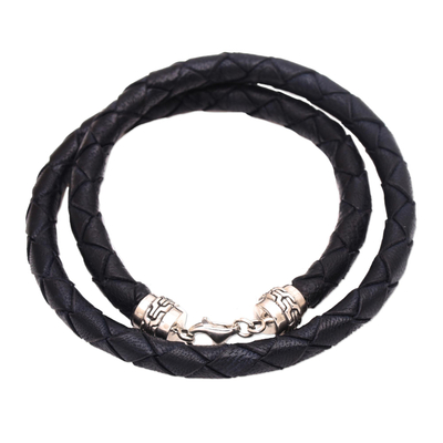 Fair Trade Braided Black Leather Sterling Silver Clasp Wrap Bracelet