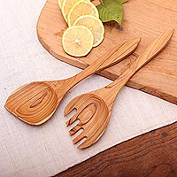 Teak wood serving utensils, 'Salad Serenade' (pair)