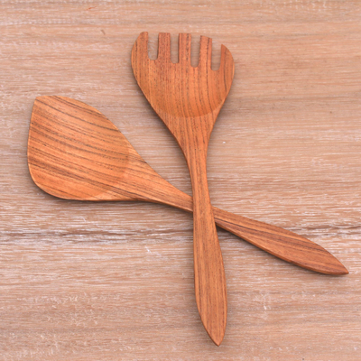 Teak wood serving utensils, 'Salad Serenade' (pair) - Teak Wood Serving Utensils (Pair)