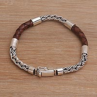 Men's leather and sterling silver bracelet, 'One Strength in Brown' - Men's Sterling Silver and Leather Bracelet from Bali