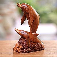 Wood sculpture, 'Dolphin Generation' - Unique Chinaberry Wood Sculpture