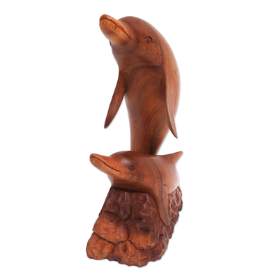 Wood sculpture, 'Dolphin Generation' - Carved Wood Sculpture