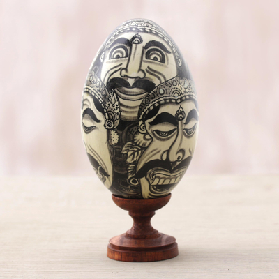 Wood sculpture, 'Bali Masks' - Egg-Shaped Cultural Albesia Wood Sculpture from Bali