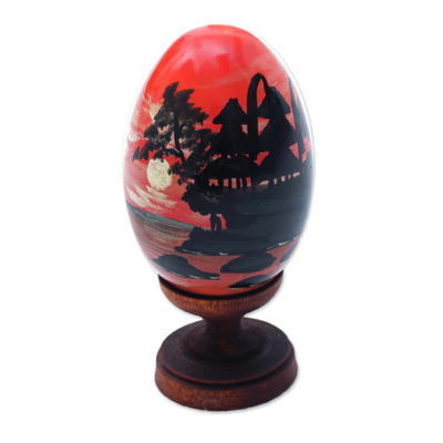 Wood sculpture, 'Tanah Lot Sunset' - Egg-Shaped Albesia Wood Sunset Sculpture from Bali