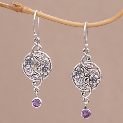 Amethyst dangle earrings, 'Inflorescence' - Balinese Amethyst and Sterling Silver Floral Dangle Earrings