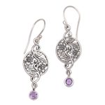 Amethyst dangle earrings, 'Inflorescence' - Balinese Amethyst and Sterling Silver Floral Dangle Earrings