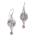 Amethyst dangle earrings, 'Inflorescence' - Balinese Amethyst and Sterling Silver Floral Dangle Earrings