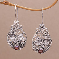 Cultured pearl dangle earrings, 'Butterflies and Frangipani'