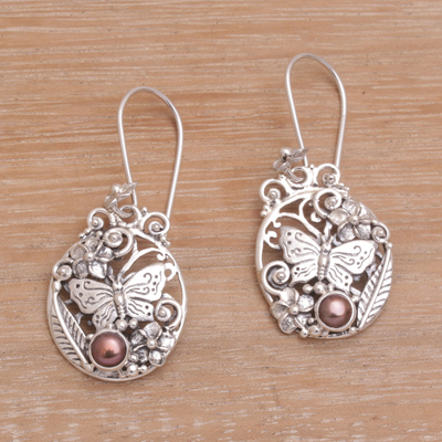 Cultured pearl dangle earrings, 'Butterflies and Frangipani' - Floral Butterfly Cultured Pearl Earrings from  Bali