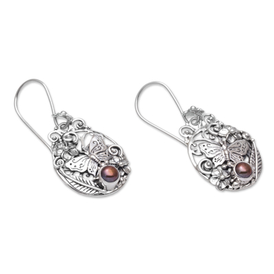 Cultured pearl dangle earrings, 'Butterflies and Frangipani' - Floral Butterfly Cultured Pearl Earrings from  Bali