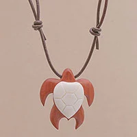 Bone and wood pendant necklace, Bali Turtle