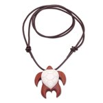 Bone and wood pendant necklace, 'Bali Turtle' - Sawo Wood and Bone Turtle Necklace from Bali