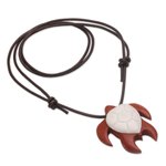 Bone and wood pendant necklace, 'Bali Turtle' - Sawo Wood and Bone Turtle Necklace from Bali