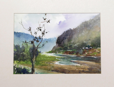 'Kedungmiri Landscape II' - Watercolor Impressionist Painting of Javanese Countryside