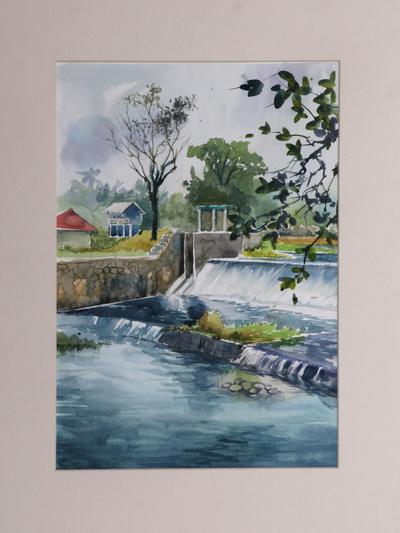 'Tegal Dam' - Rural Water Landscape in Impressionist Style Watercolor