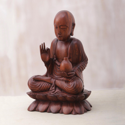 Wood statuette, 'Vitarka Buddha' - Hand Crafted Balinese Suar Wood Buddha Meditation Statuette