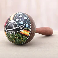 Mahogany and coconut shell maraca, 'Turtle Rhythm' - Turtle-Theme Mahogany and Coconut Shell Maraca from Bali